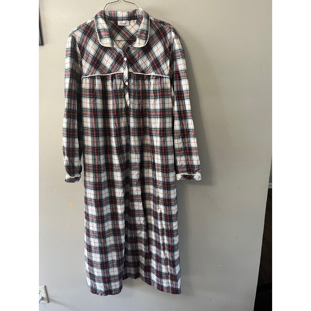 LL BEAN Flannel Nightgown Plaid Cotton Women XL Pet Red White Sleepwear Lounge